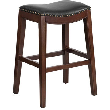 30" High Backless Cappuccino Wood Barstool With Black Leather Seat
