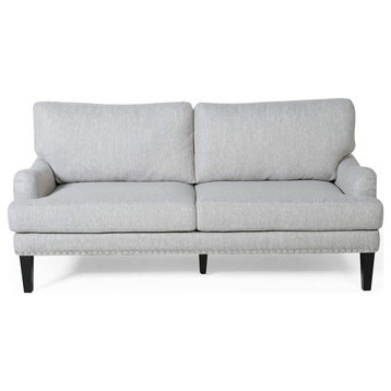 Contemporary Loveseat, Unique Design With Pillowed Back & Nailhead, Light Grey