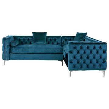 Contemporary Sectional Sofa, Velvet Seat With Button Tufting & 3 Pillows, Teal