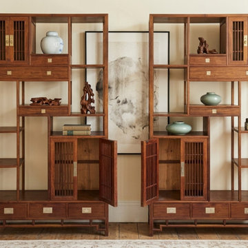 Pair Asian Inspired Asymmetrical Light Brown Shelving Display Cabinet Divider ws