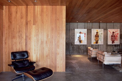 Inspiration for a large modern formal and open concept dark wood floor living room remodel in New York with white walls, a standard fireplace, a stone fireplace and no tv