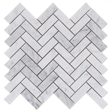 Carrara White Marble Polished Herringbone Mosaic Tile, 12"x12" Sheet
