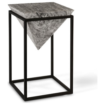 Inverted Pyramid Side Table, Gray Stone, Wood/Metal, Black, Large