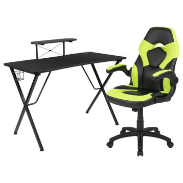 Black Gaming Desk and Green/Black Racing Chair Set with Cup Holder,...