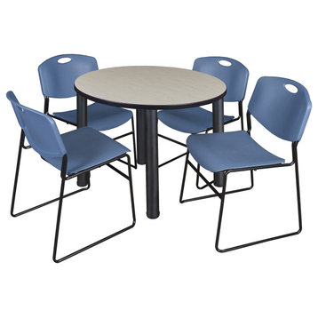 Kee 36" Round Breakroom Table- Maple/ Black & 4 Zeng Stack Chairs- Blue