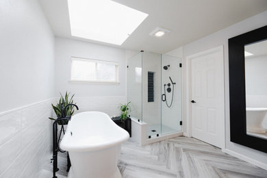 Inspiration for a country master white tile and porcelain tile porcelain tile, gray floor and double-sink bathroom remodel in Seattle with blue cabinets, white walls and a built-in vanity