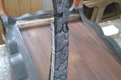 Restoration of badly burnt antique tulipwood & inlaid Bonheur du jour