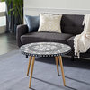Round Black Wood Top Coffee Table With Shell Floral Patterned Mosaic Inlay, Coff