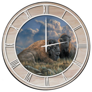 Wall Clock With Woodgrain Accent, Distant Thunder Bison, White Numbers 24"x24"