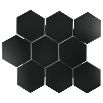 Gio Black Matte 4" Hexagon Porcelain Mosaic Tile, 11 Sheets