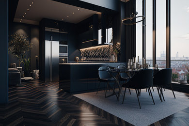 Großes, Repräsentatives, Offenes Modernes Wohnzimmer mit schwarzer Wandfarbe, dunklem Holzboden, braunem Boden und eingelassener Decke in Düsseldorf