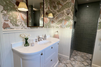 Inspiration for a transitional wet room bathroom in Other with beige cabinets, a freestanding tub, porcelain tile, porcelain floors, marble benchtops, multi-coloured floor, an open shower and planked wall panelling.