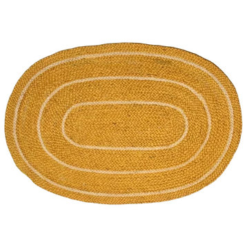 Bohemian Area Rug, Hand Braided Jute With Oval Shape & Bordered Motif, 6' X 9'