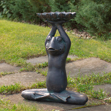 22.25" Gray Yoga Frog With Bird Feeder Outdoor Garden Statue