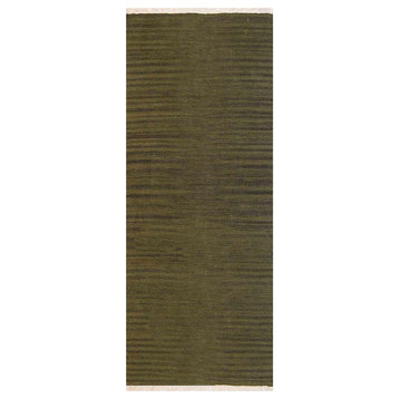 Rugsotic Carpets Hand Woven Flat Weave Kilim Wool Area Rug Solid Olive, [Runner] 2'8''x12'
