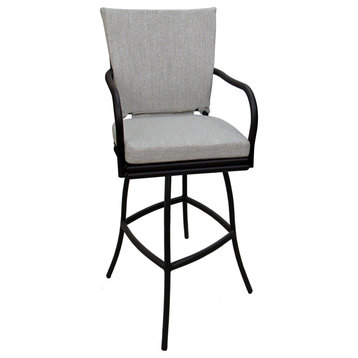 Outdoor Patio Swivel Bar Stool Ofir with Arms, White Linen - Black, 34"