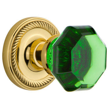 Rope Rosette Privacy Waldorf Emerald Knob, Polished Brass
