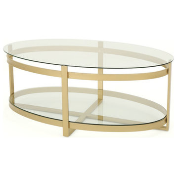 Sidney Modern Glam Tempered Glass Oval Coffee Table with Iron Frame