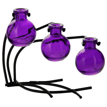 Casablanca Three Recycled Glass Vases and Metal Stand, Purple