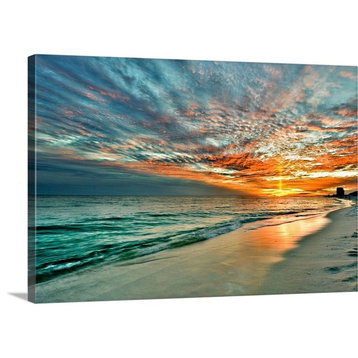 Yellow Sunray Through Red And Blue Sunset On Beach Wrapped Canvas Art Print