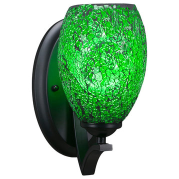 Zilo Wall Sconce In Matte Black, 5" Green Fusion Glass