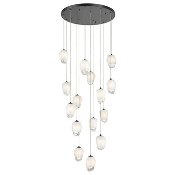 D24'' Round Black Flushed Chandelier With Hanging White Glass Pendants