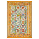 Bareens Designer Rugs - Retro Turkish Kilim Wells Hand-Woven Wool Rug - 8'4'' x 9'11'' - Elevate the elegance of your home with this stunning hand-woven tribal Kilim wool rug. Meticulously crafted on a loom by the Nomad Turkman people using hand-spun wool and 100% natural vegetable dyes, these rugs are recognized for their repetitive geometric patterns, incorporating naturalistic floral and traditional designs. The contemporary fashion palette results in bold, sharp patterns that are incredibly versatile, as the pattern is the same on both sides. These reversible rugs feature a lighter shade on one side and brighter colors on the other, providing versatility according to preference. These unique rugs are made by knotting short strands of different colors onto the warps and securing them by tightly pressing the wefts. The designs are created by interweaving the various colored wefts and warps. Kilims are known for their exceptional durability and versatility, making them truly unique rugs.  Product Details    Rug Size: 8'4'' x 9'11''  Material: 100% Wool  Style: Kilim, Flat Weave, Dhurrie, Turkish, Southwestern, Rustic, Tribal  Colors: Beige, Orange  Weave Type: Hand-Woven, Handmade  Pile Height: Less than 0.25 inch