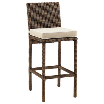 Bradenton Outdoor Wicker Bar Height Stools With Cushions, Set of 2, Sand