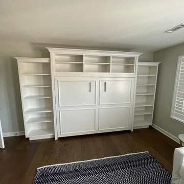 Custom Built Vertical Murphy Bed with Side and Upper Shelving, In White Finish