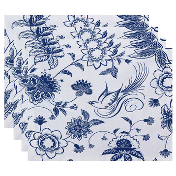 18"x14" Traditional Bird Floral, Floral Print Placemat, Blue, Set of 4