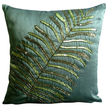 Dark Green Euro Sham Pillows Art Silk 24x24 Leaf Nature & Floral, Floating Leaf