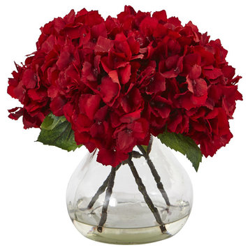 8.5"H Red Hydrangea Silk Flower Arrangement With Glass Vase