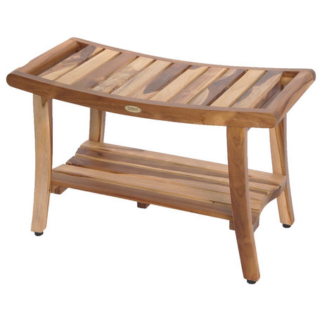 EcoDecors EarthyTeak Harmony 30" Teak Shower Bench With Shelf And LiftAide Arms