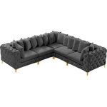 Meridian Furniture - Tremblay Modular Sectional, Grey, L-Shaped, 5-Piece: Armless (2), Corner (3) - Lean back and relax on this Tremblay sectional. Featuring soft grey velvet upholstery with deep button tufting, this sectional adds a bold touch to any living space. A complete set of gold and chrome legs are included, so you can change it up to suit your home decor. This sectional is modular, so you can create infinite configurations with it, which are easily attached using the latch underneath the frame. Its contemporary design is perfect for the modern home.