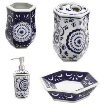 Elegantly Crafted Bath Accessories, Set Of 4, Blue And White