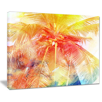 "Retro Palm Red Yellow Watercolor" Trees Painting Canvas Print, 20"x12"