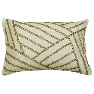Decorative 12"x18" Wooden Beads Ivory Silk Lumbar Pillows For Couch - Gold Light
