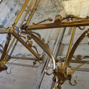 Pair of English Gilt Bronze Lantern Lights with Etched Glass