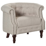 Rosevera - Argenziano Chesterfield Chair, Beige - Featuring this elegant Argenziano Chesterfield Chair, this statement piece simply adds a luxurious feel to almost any room. Skillfully handcrafted with soft curve and detail dual nailhead trim chesterfield arms. It also tailors with fabric wrapped finely threaded linen upholstery professionally made with quality and comfort surrounding. Styled upholstered diamond tufted button accents on the interior and match base turned solid feet in dark espresso finishes. This charming chair is a good addition for a cocktail gathering or a cozy evening read. Embellish your home with a pair of these out of century barrel chair will add completion and chic sense to any space.