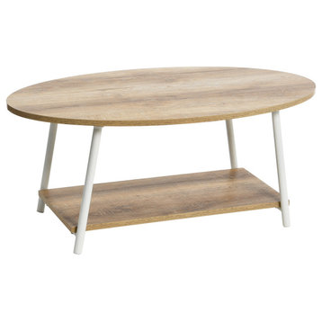 Jamestown Oval Coffee Table, Storage Shelf Coastal Oak Rustic, White Metal