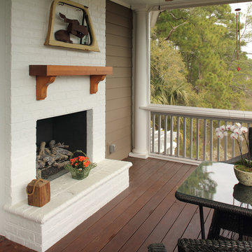 Outdoor porch with fireplace