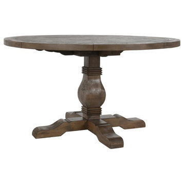 Rustic Dining Table, Pedestal Base With Round Wooden Top, Weathered Brown Finish