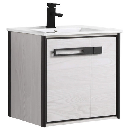 Oakville Wall Mount Bathroom Vanity, Mild Grey Oak, 24", Black Hardware