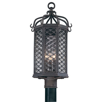 Los Olivos, 3 Light Outdoor Post Lantern, Old Iron Finish, Clear Seeded Glass