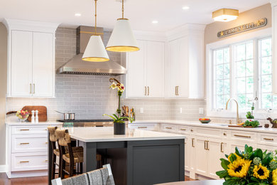 Example of a mid-sized transitional kitchen design in Philadelphia with white cabinets, quartzite countertops and an island