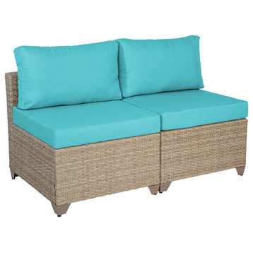 Maui Set of Two Outdoor Armless Sofas, Natural Aged Wicker, Cyan