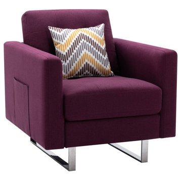Victoria Purple Linen Fabric Armchair with Metal Legs Side Pockets and Pillow