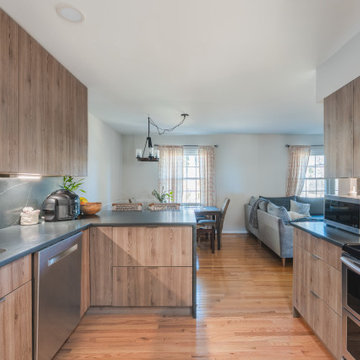 Modern Kitchen Remodel with Flat-Surface Wood-Look Cabinets