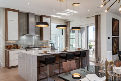 Design ideas for a contemporary kitchen in Calgary with flat-panel cabinets, white cabinets, granite benchtops, grey splashback, glass tile splashback, stainless steel appliances, light hardwood floors, with island, brown floor and white benchtop.