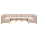 Meridian Furniture - Alina Velvet Modular U-Shaped Sectional, Pink, 7-Piece: 5 Armless Chair, 2 Corner Chair - Bring modern beauty to your space with the addition of this Alina Velvet Modular sectional. This beautiful sectional features deep channel tufting to ramp up its visual interest and add to its resilient demeanor. Its soft Pink velvet upholstery blends nicely with existing elements in your room and is sleek to the touch, making this seat a super comfortable one. Part of the modular Alina collection, this sectional has a latch that attaches it to other pieces to create your custom seating arrangement.